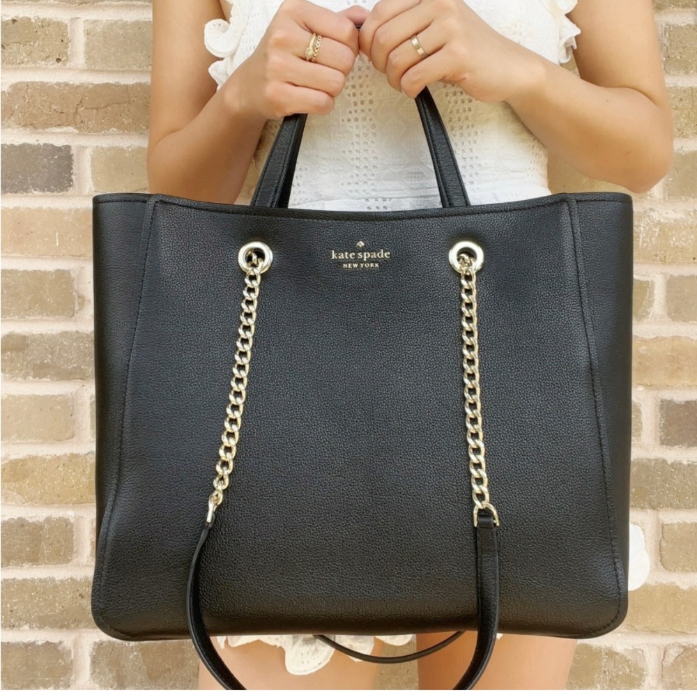 ♠️Kate Spade Large Infinite Triple Comp Tote Bag- Black- Pebble Leather-NWT - Picture 2 of 16